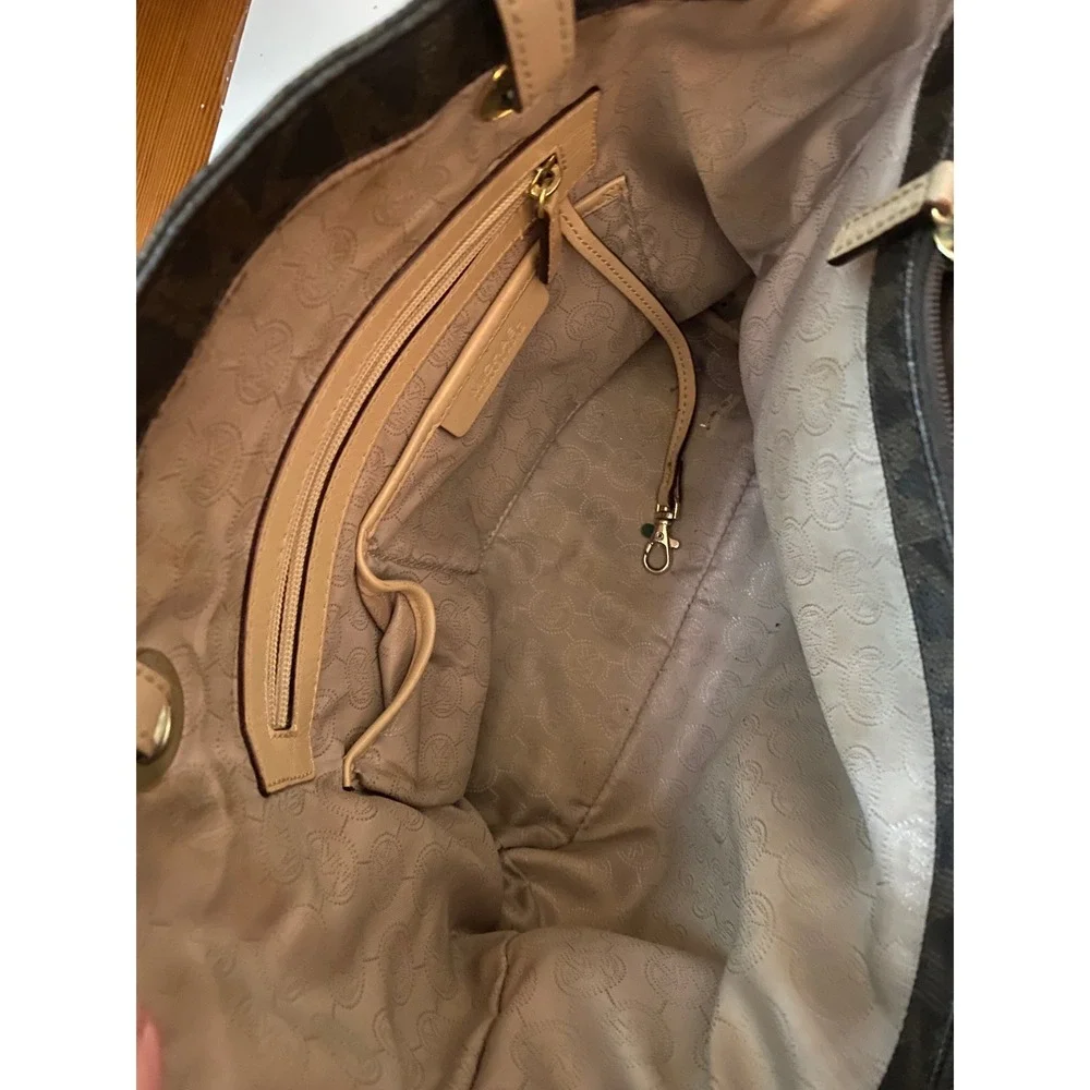 Michael Kors Jet Set Travel Tote Bag Brown Signature Logo MK Gold Hardware